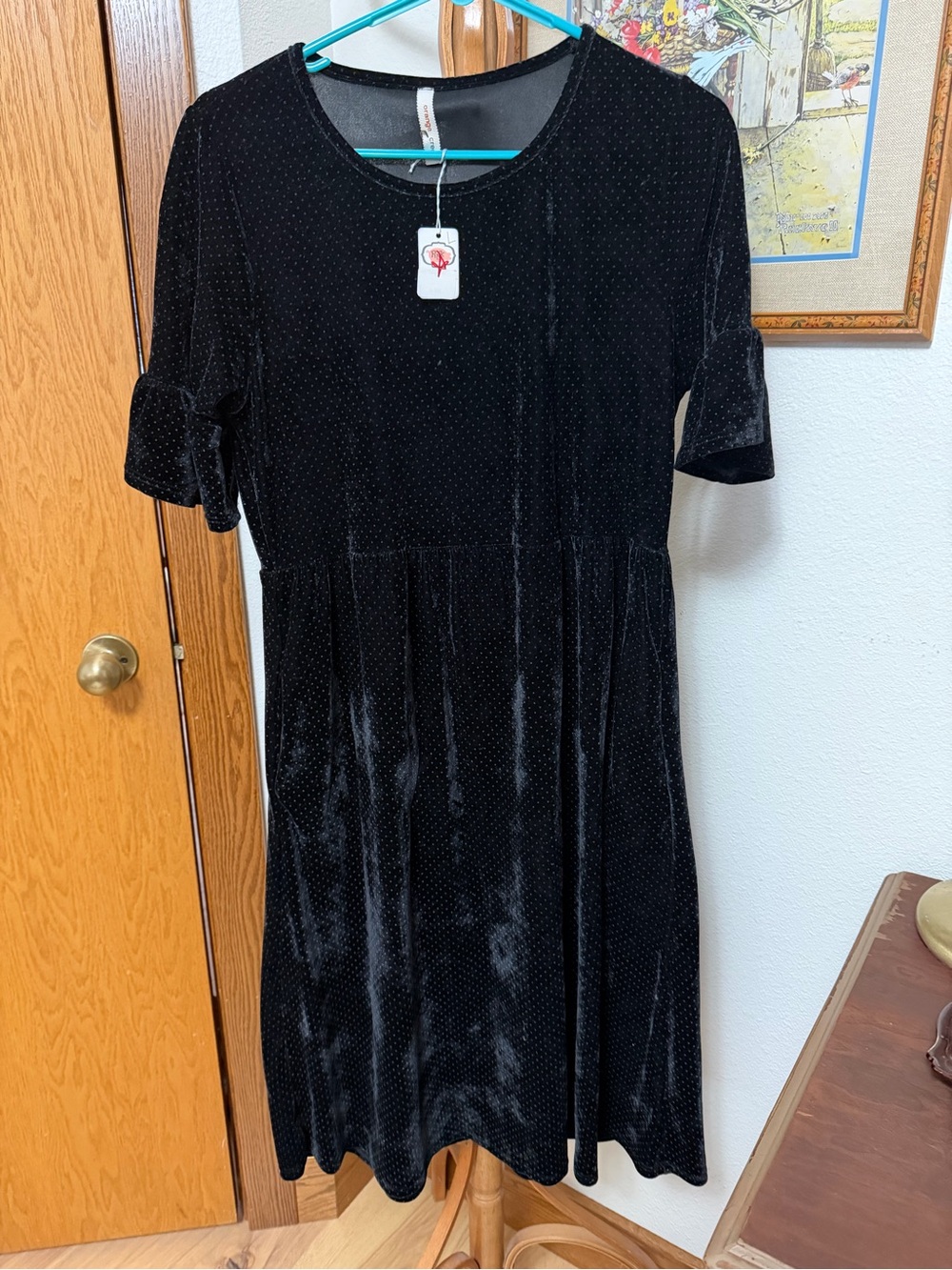 orange creek Black Velvet Midi Dress with Subtle Dot Texture